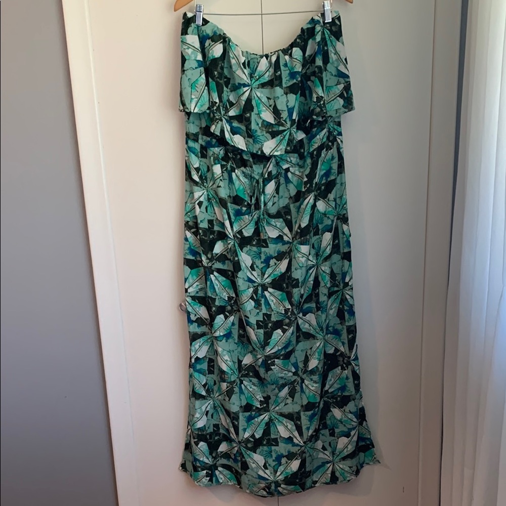 Mossimo Floral Abstract Green Blue & White Strapless Maxi Dress Size XXL